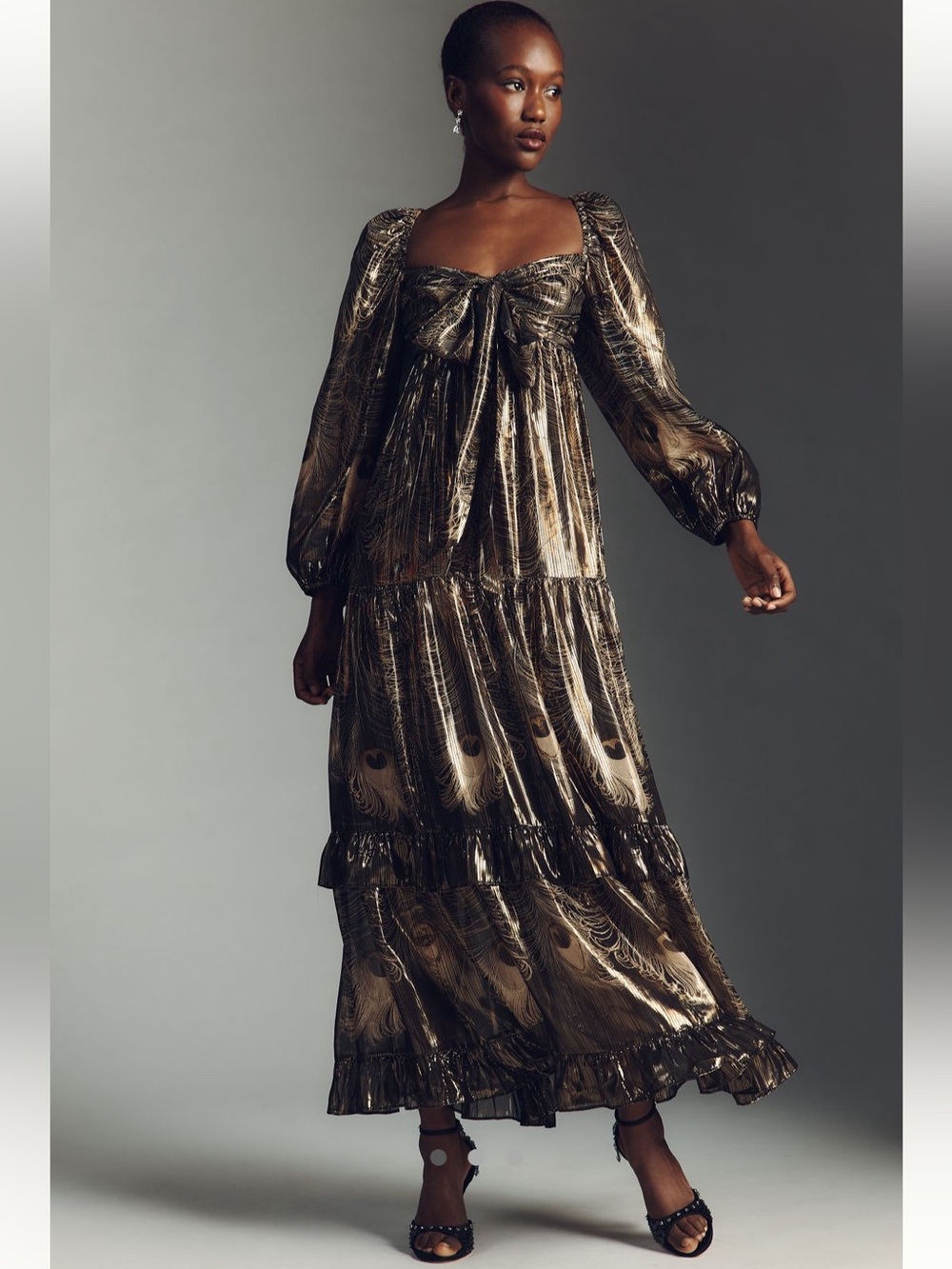 Anthropologie Metallic Bronze Peplum-Bow Maxi Dress